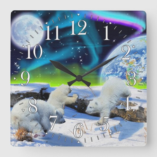 Polar Bear Cubs & Aurora Earth Day Clock Vierkante Klok (Voorkant)