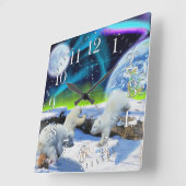Polar Bear Cubs & Aurora Earth Day Clock Vierkante Klok (Hoek)