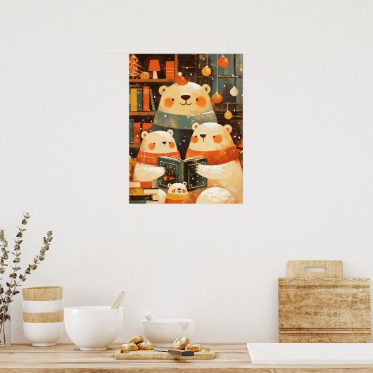 Polar Bear Family Reading Together on Christmas Poster (Keuken)