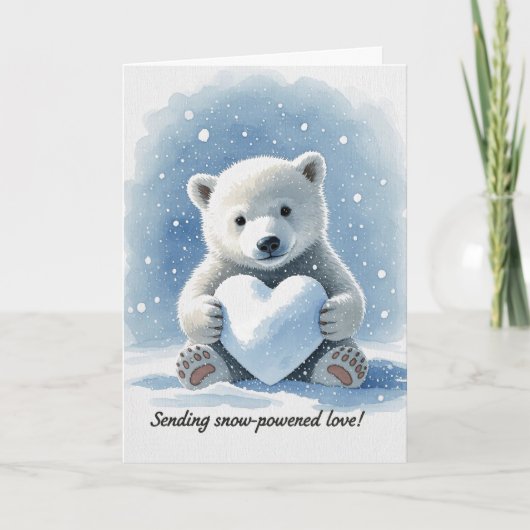 Polar bear in the snow with heart shaped snowball kaart (Voorkant)