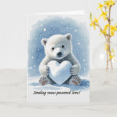Polar bear in the snow with heart shaped snowball kaart (Gele Bloem)