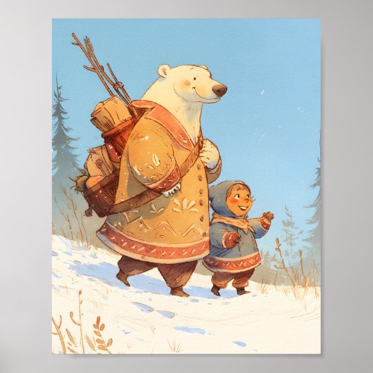 Polar Bear & Inuit Child Winter Nursery Poster (Voorkant)