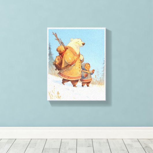 Polar Bear & Inuit Child Winter Nursery Poster Canvas Afdruk (Insitu (Houten vloer))
