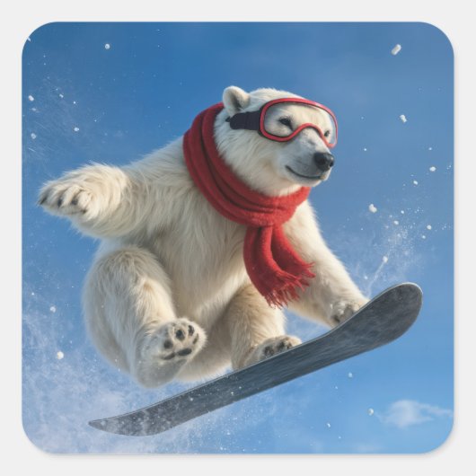 Polar Bear Mid-air on a Snowboard Vierkante Sticker (Voorkant)