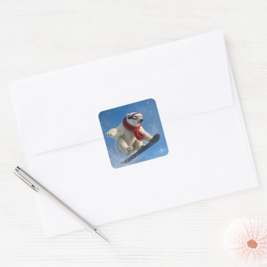 Polar Bear Mid-air on a Snowboard Vierkante Sticker (Envelop)