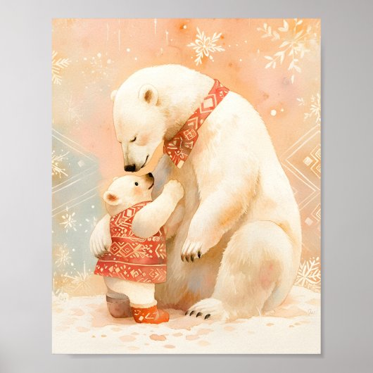 Polar Bear Parent and Cub Winter Embrace Nursery Poster (Voorkant)