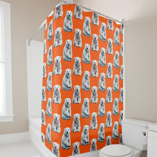 Polar Bear Pattern Design On Orange  Douchegordijn