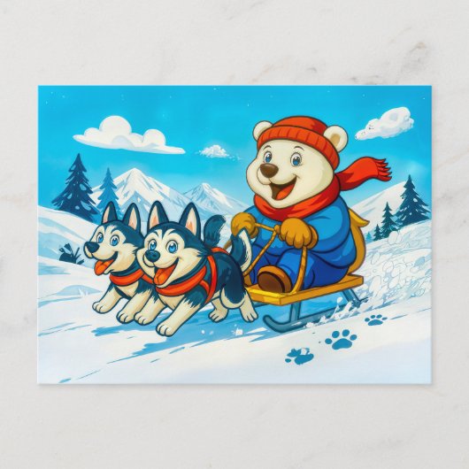 Polar Bear Racing a Husky Dog Sled Team Briefkaart (Voorkant)