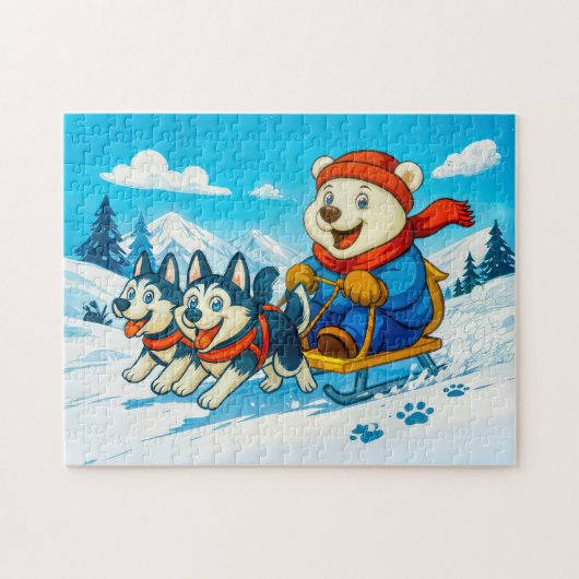 Polar Bear Racing a Husky Dog Sled Team Legpuzzel (Horizontaal)