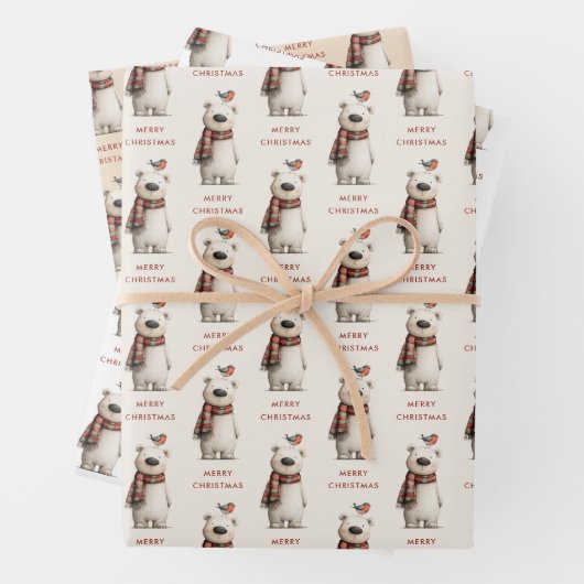 Polar Bear Robin Pattern White and cream Christmas Inpakpapier Vel (In situ)
