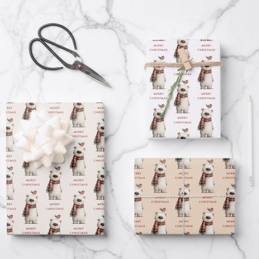 Polar Bear Robin Pattern White and cream Christmas Inpakpapier Vel (Voorkant)