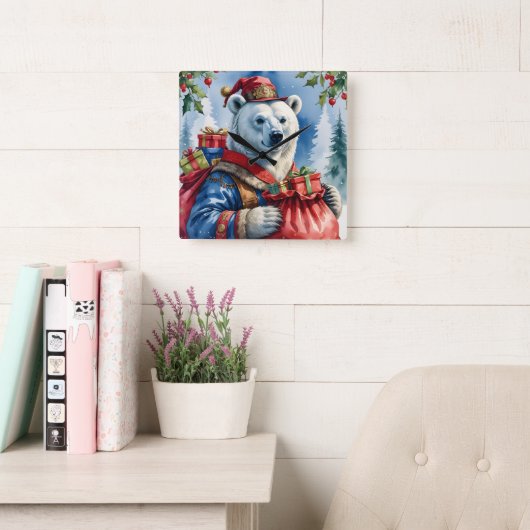 Polar Bear Santa Christmas Design Vierkante Klok (Leeskamer)