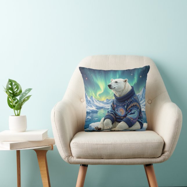 Polar Bear Sitting Under Northern Lights Kussen (Stoel)