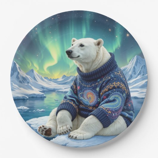 Polar Bear Sitting Under Northern Lights Papieren Bordje (Voorkant)