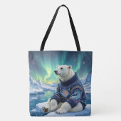 Polar Bear Sitting Under Northern Lights Tote Bag (Voorkant)