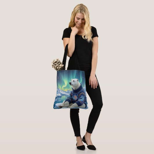 Polar Bear Sitting Under Northern Lights Tote Bag (Op model)