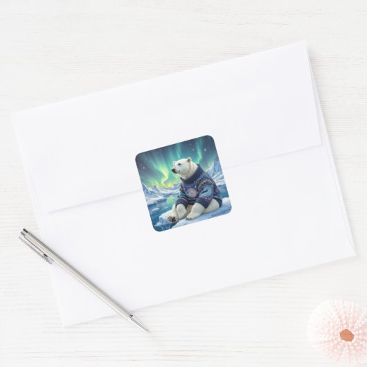 Polar Bear Sitting Under Northern Lights Vierkante Sticker (Envelop)