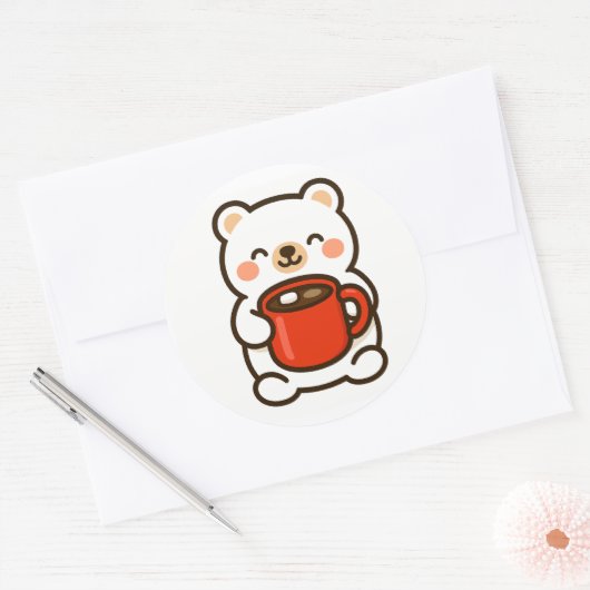 Polar Bear With Coffee – Cute Animal Sticker (Envelop)