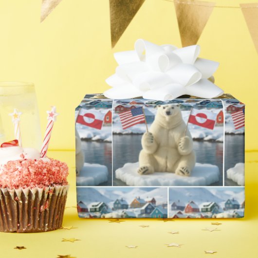 Polar Bear With Greenland and American Flags Cadeaupapier (Verjaardagsfeest)