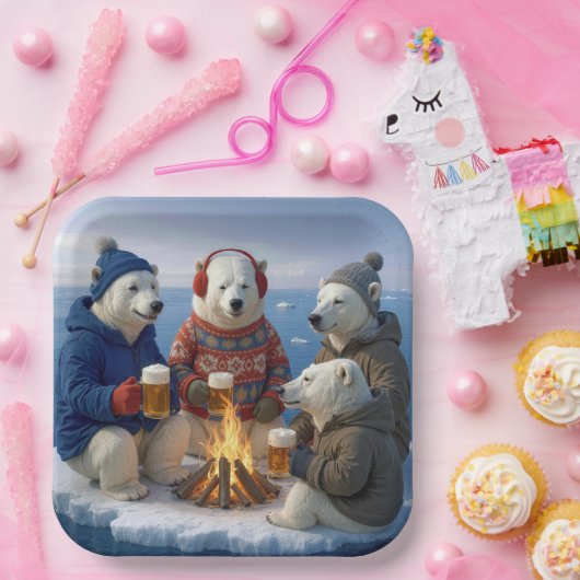 Polar Bears Drinking Around a Campfire  Papieren Bordje (Feest)