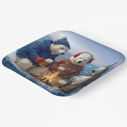 Polar Bears Drinking Around a Campfire Papieren Bordje (Gebogen)