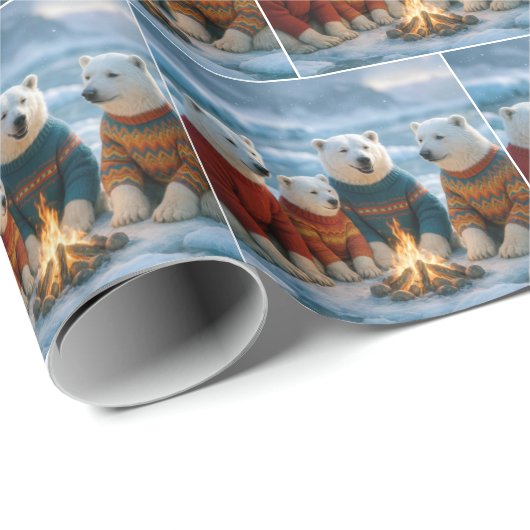 Polar Bears Gathering Around a Bonfire Cadeaupapier (Rol Hoek)