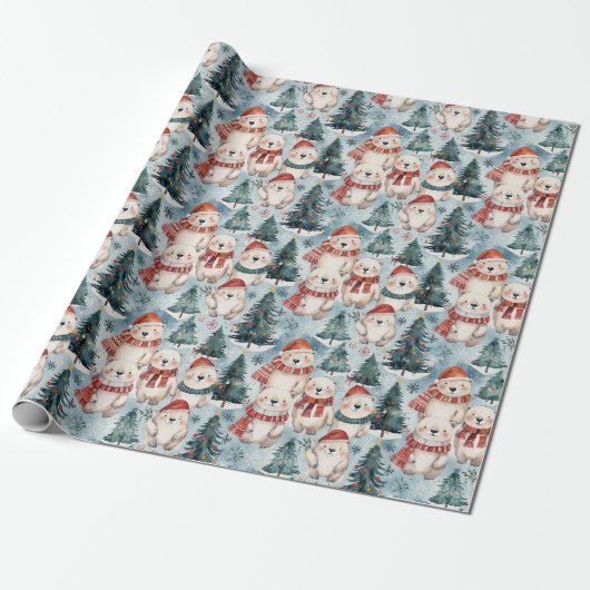 Polar Bears with Hats & Scarves Wrapping Paper Cadeaupapier (Uitgerold)