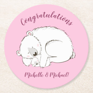 Polar Beer Baby shower Roze meisje Ronde Kartonnen Onderzetter