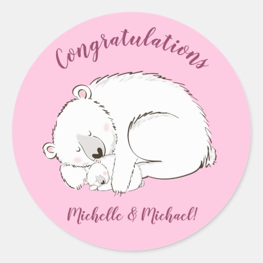 Polar Beer Baby shower Roze meisje Ronde Sticker (Voorkant)