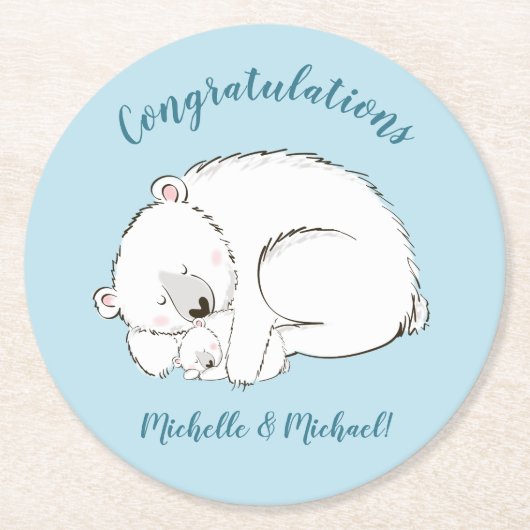 Polar Beer Baby shower Winter Blue Boy Ronde Kartonnen Onderzetter (Voorkant)