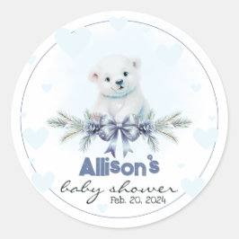 Polar Beer Cub Boy Blue Hearts Winter Baby shower Ronde Sticker