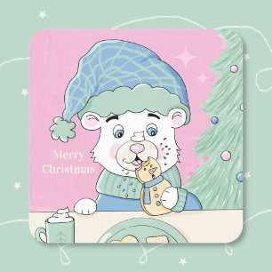 Polar Beer Cub Square Roze Kerst sticker
