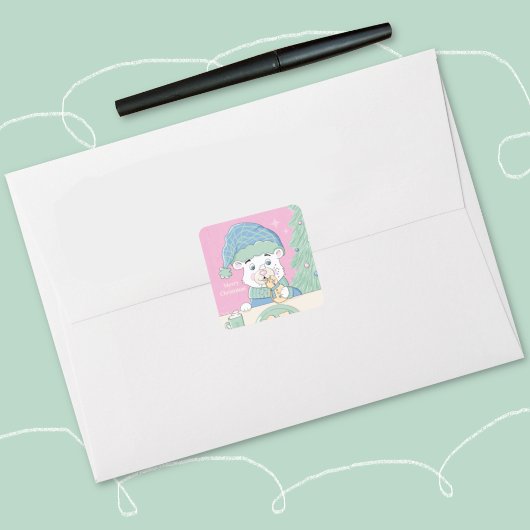 Polar Beer Cub Square Roze Kerst sticker