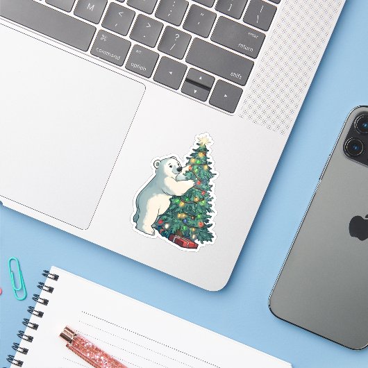 Polar Beer Decoreren van een kerstboom Sticker (Laptop met iPhone)