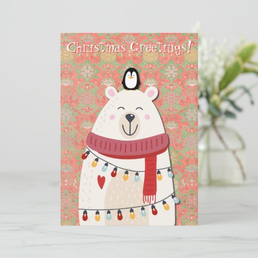 Polar Beer en Penguin Retro Style Christmas Kaart (Staand voorkant)