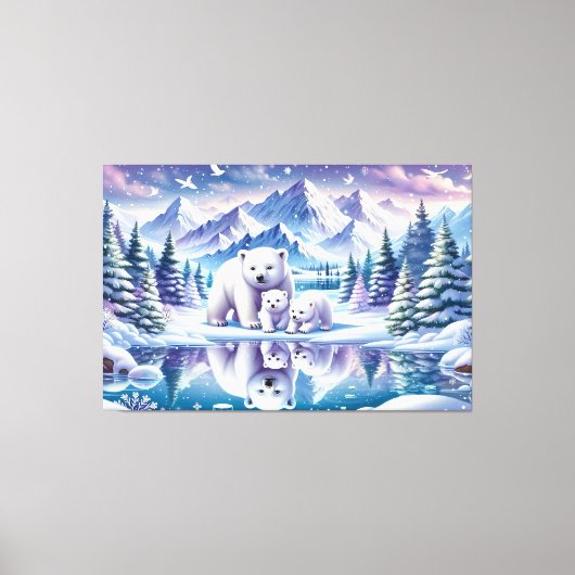 Polar Beer Familie Snowy Scene Schilderen Canvas Afdruk (Voorkant)