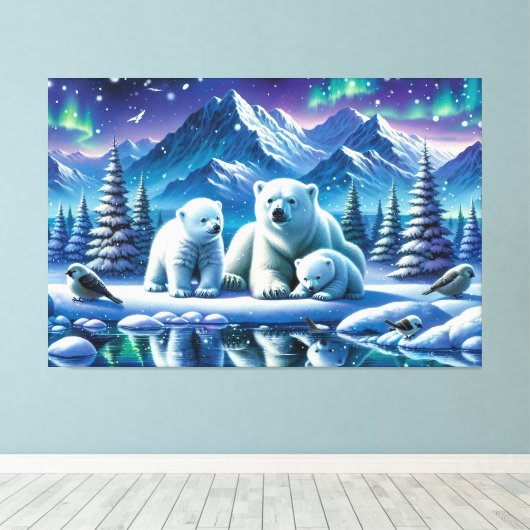 Polar Beer Familie Snowy Scene Schilderen Canvas Afdruk (Insitu (Houten vloer))