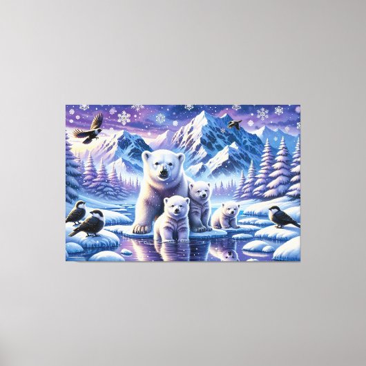Polar Beer Familie Snowy Scene Schilderen Canvas Afdruk (Voorkant)