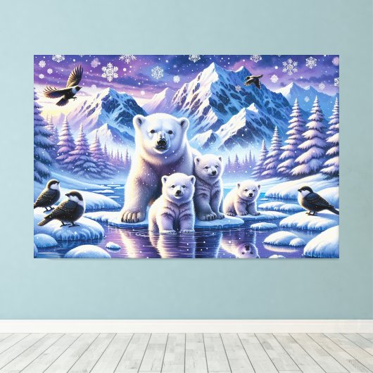 Polar Beer Familie Snowy Scene Schilderen Canvas Afdruk (Insitu (Houten vloer))