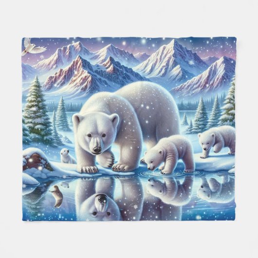 Polar Beer Familie Snowy Scene Schilderen Fleece Deken (Voorkant (Horizontaal))