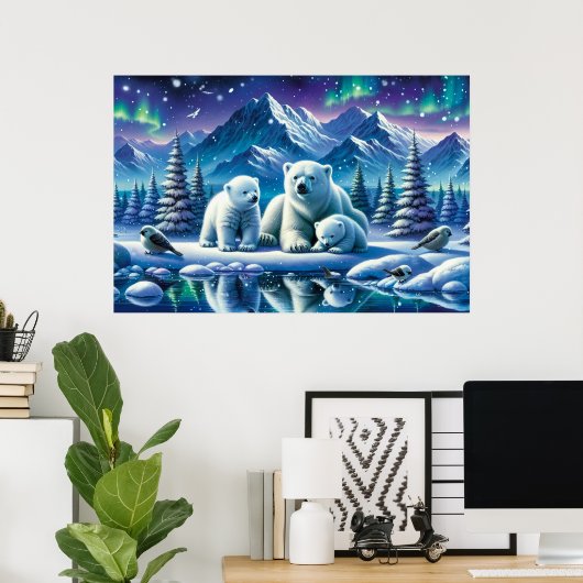 Polar Beer Familie Snowy Scene Schilderen Poster (Thuiskantoor)