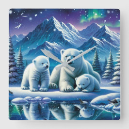 Polar Beer Familie Snowy Scene Schilderen Vierkante Klok