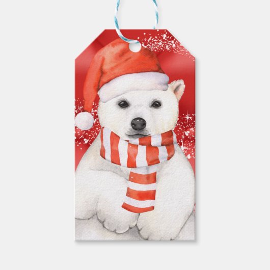 Polar beer in een Santa pet - Sneeuwvlokken W Wit Cadeaulabel (Voorkant)