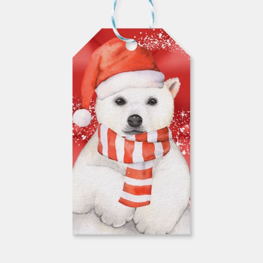 Polar beer in een Santa pet - Sneeuwvlokken W Wit Cadeaulabel (Achterkant)