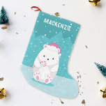Polar Beer in Roze Kerstmuts Schattigee Cartoon Bl Kleine Kerstsok<br><div class="desc">Deze leuke kerstkous is voorzien van cartoon polair beer met roze kerstmuts en snoepriet, met sneeuwval, in blauwgroen blauwe kleuren. Leuk vakantieaccent op uw kerstdecor of mooi cadeau voor kinderen en voor iedereen die van dieren en de winter houdt. · Personaliseer het met een naam of pas het verder aan...</div>