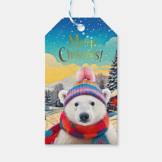 Polar Beer Kerstmuts en sjaal Vrolijk Kerstfeest Cadeaulabel (Voorkant)