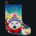 Polar Beer Kerstmuts en sjaal Vrolijk Kerstfeest Kleine Kerstsok<br><div class="desc">Een Polar Beer met een kerstmuts en sjaal met vallende sneeuw. Vrolijke kerstgroet.</div>