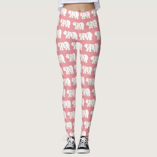 Polar Beer Kerstverlichting Patroon Roze Vakantie Leggings (Voorkant)
