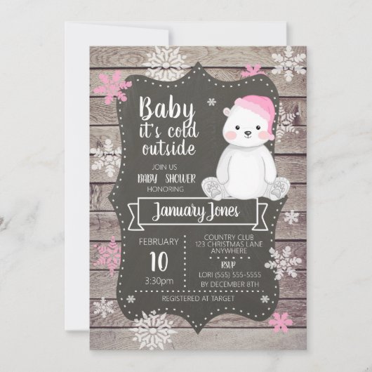 Polar Beer Meisje Baby shower Invitation I Pink Kaart (Voorkant)
