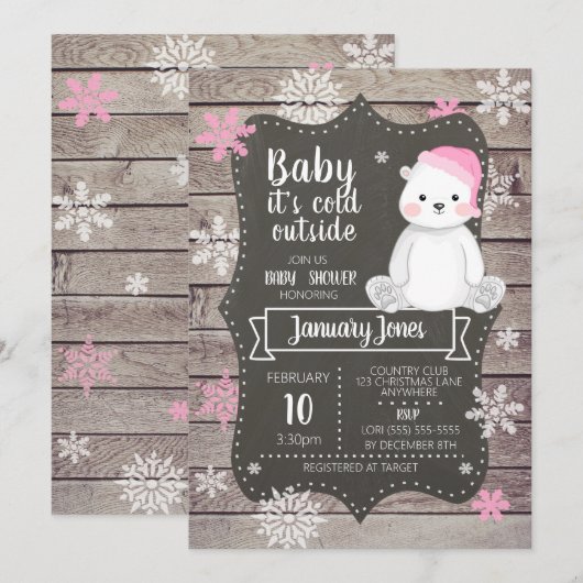 Polar Beer Meisje Baby shower Invitation I Pink Kaart (Voorkant / Achterkant)